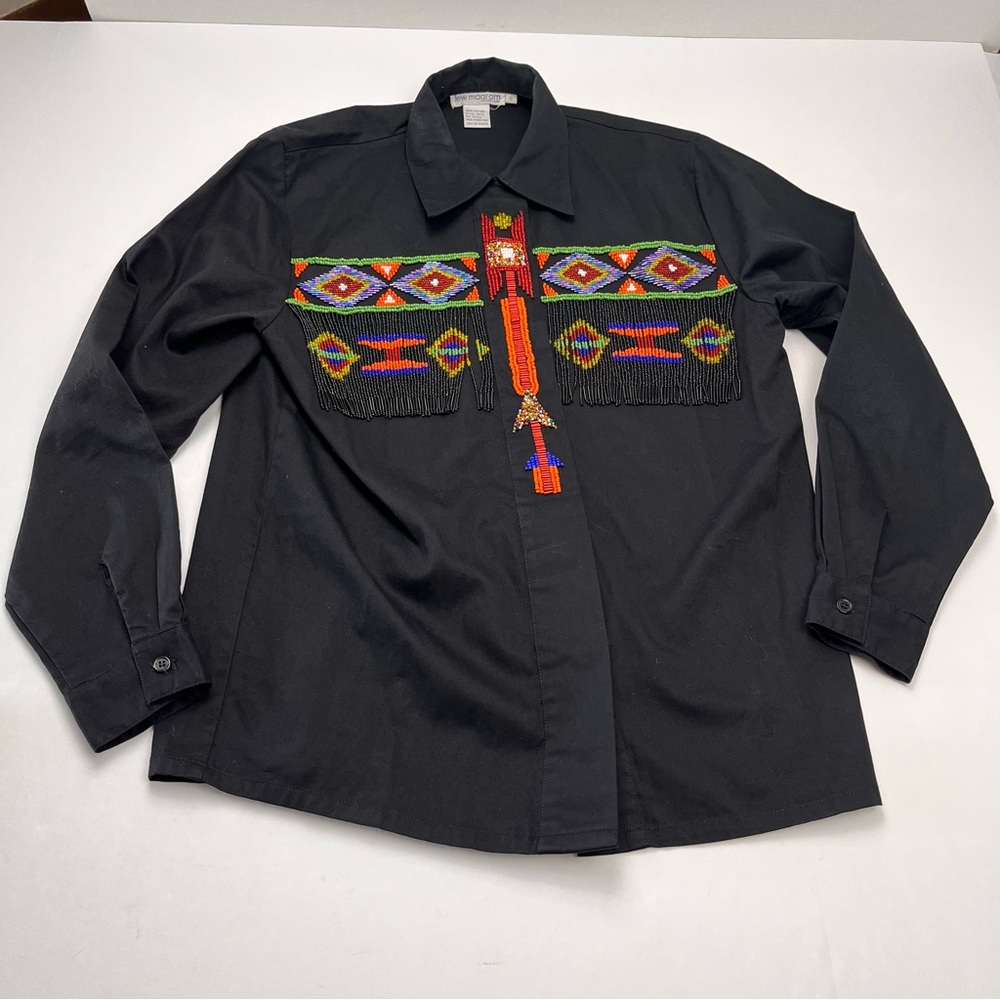 Lew Magram Womens Size 8 Black Retro Beaded Fringe Shirt Western Aztec‎ Indian
